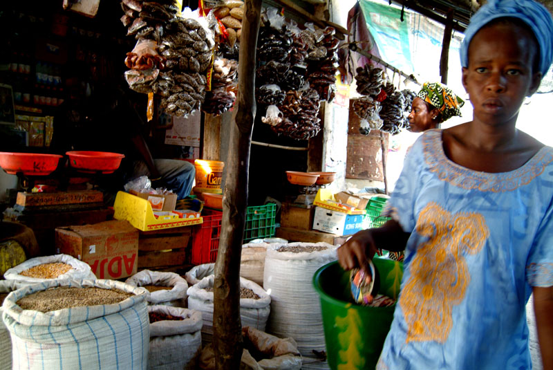 Après les courses du marché, la dame regagne sa cuisine familiale, dans la sou région la cuisine est une affaire de femme. M’Bour. Sénégal.2010 © Amadou Keita