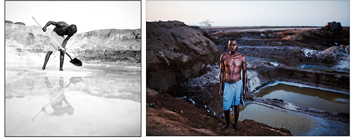 Osman, saunier, vit et travaille sur le site même d’extraction du sel. Comme tous les métiers exercés par les invisbles de Djibouti, ils sont exclusivement le fait de personnes poussées sur les routes de l’exode, et qui ont été contraintes de trouver les moyens de leur subsistance. © Emmanuel Martin